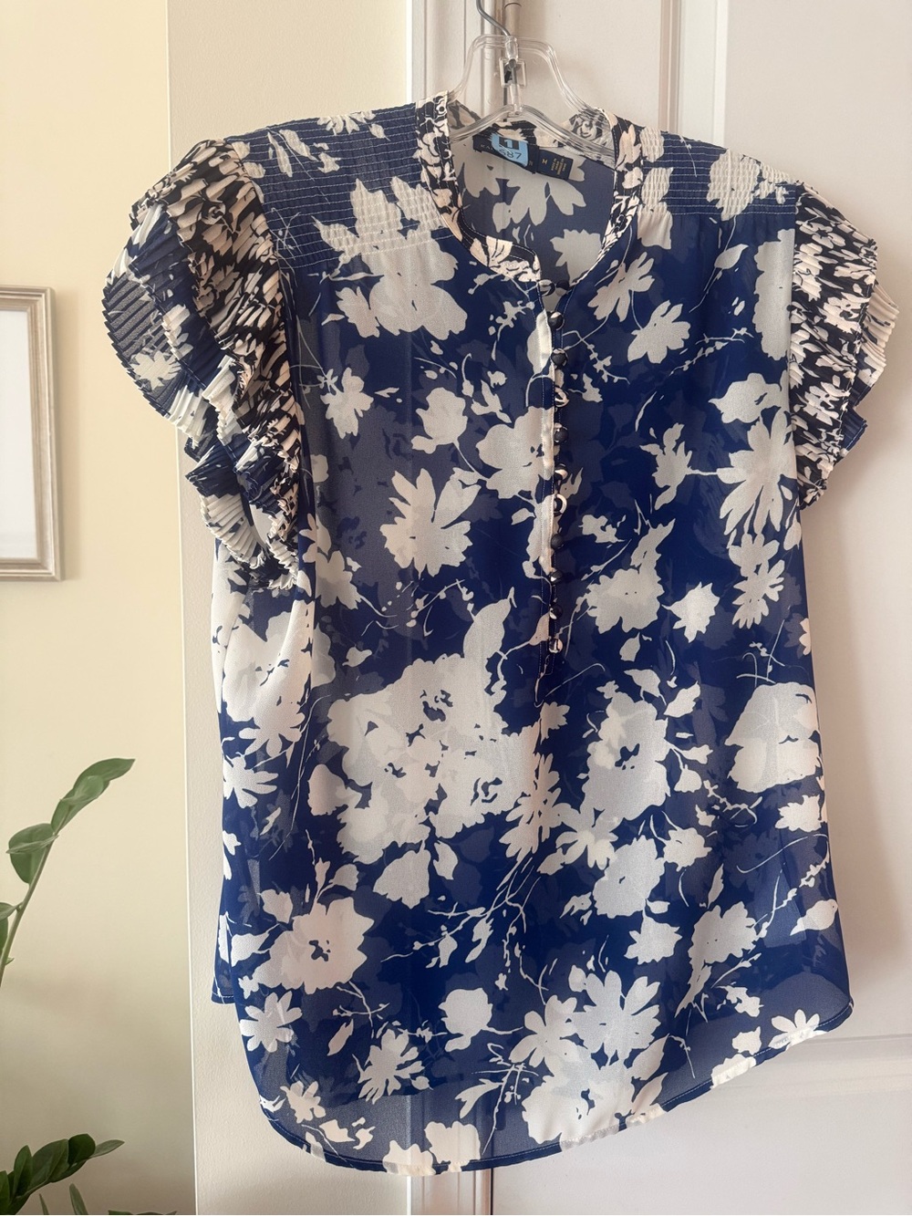Ralph Lauren Navy and White Floral Ruffle Sleeve Blouse